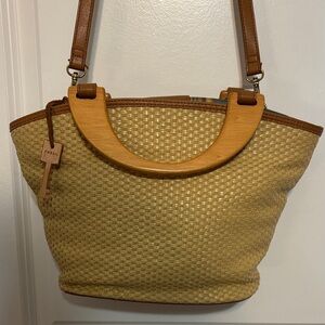 Fossil Straw Satchel Bag Boho Chic – Wood Handles & Leather Strap Summer Vibe